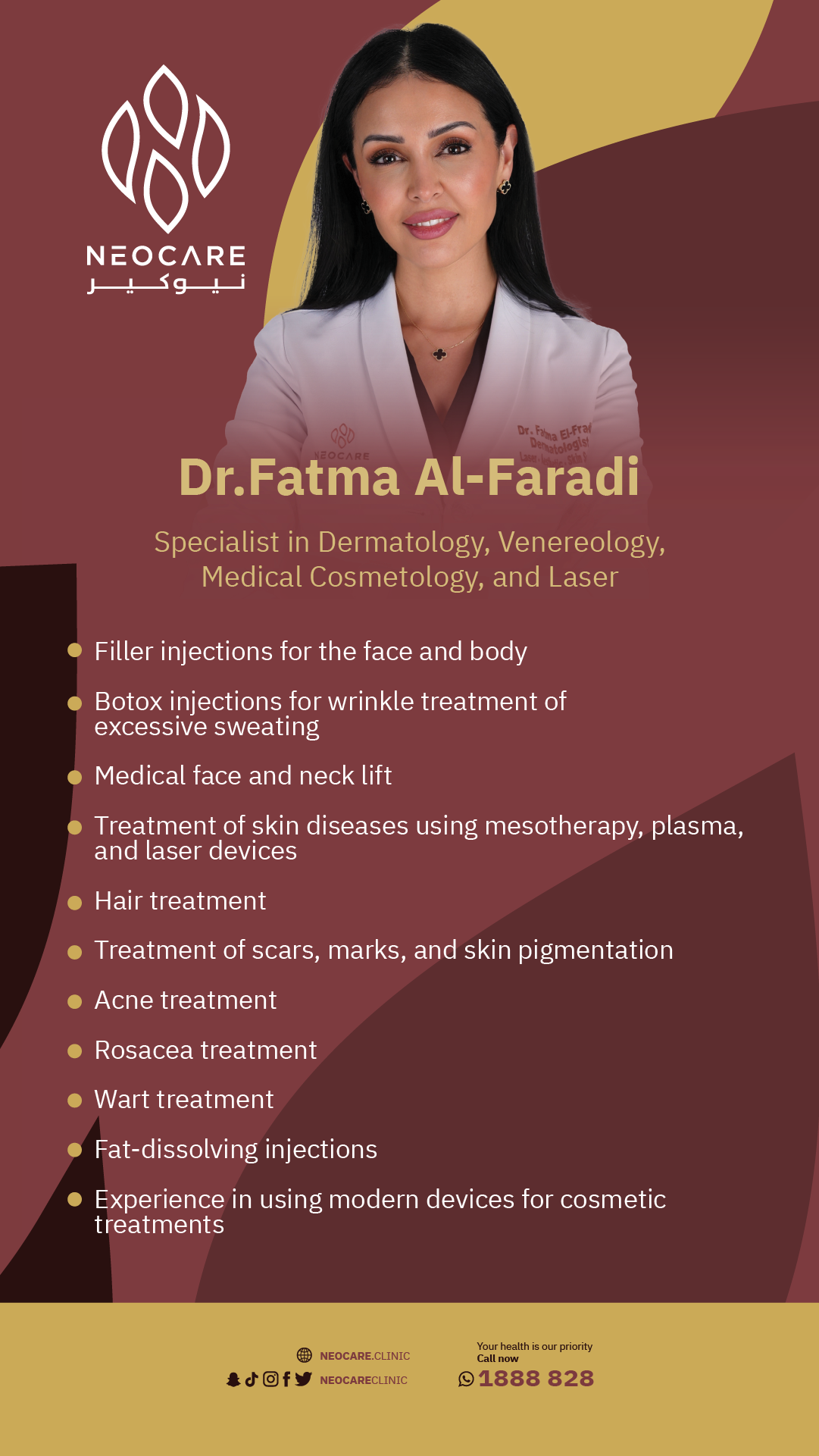 Dr. Fatma Al-Faradi – physician profile card, NEOCARE Clinic Kuwait (English)