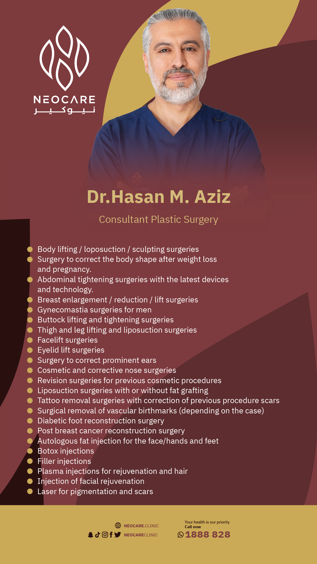 Dr. Hasan – physician profile card, NEOCARE Clinic Kuwait (English)