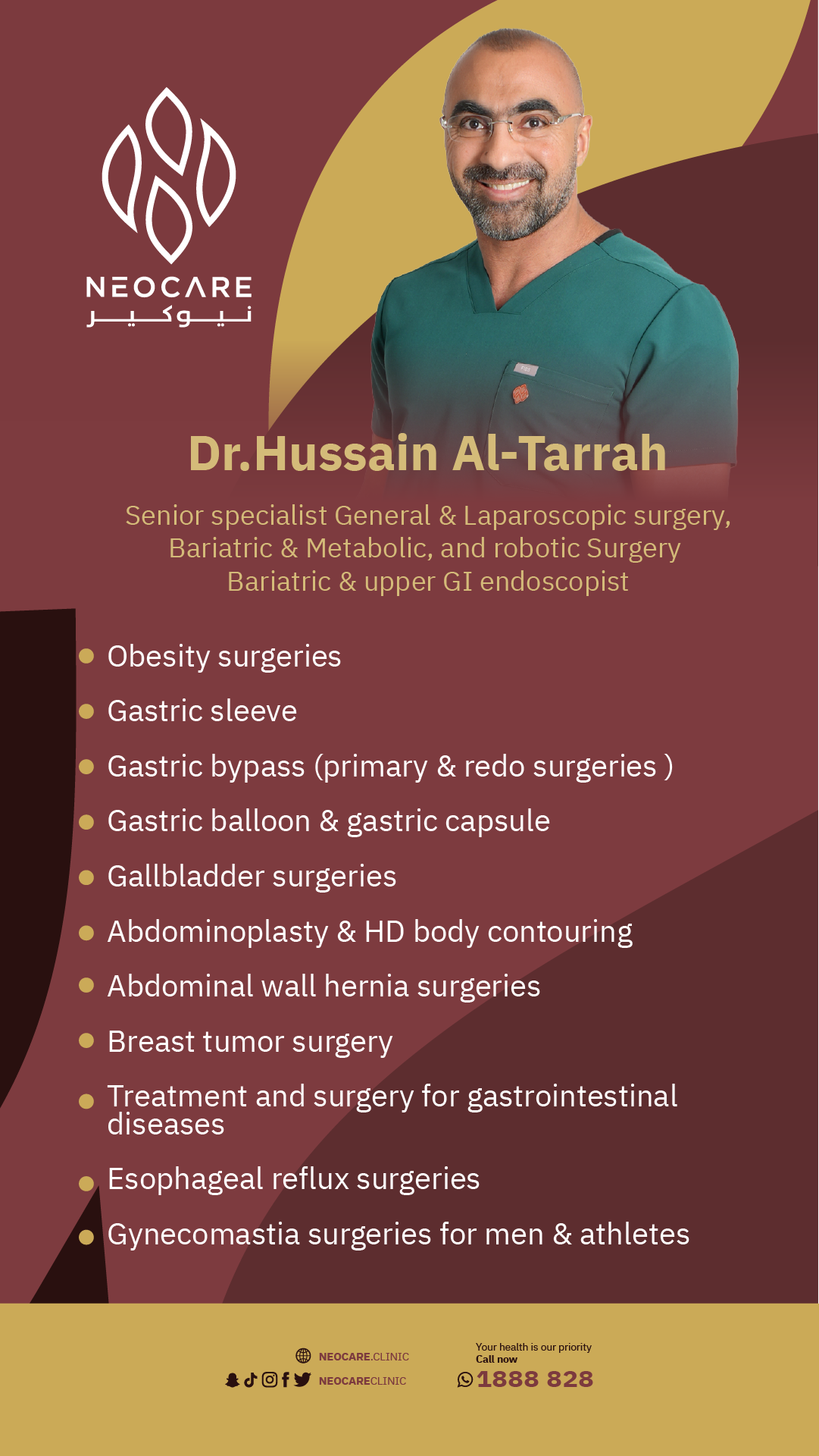 Dr. Hussain – physician profile card, NEOCARE Clinic Kuwait (English)