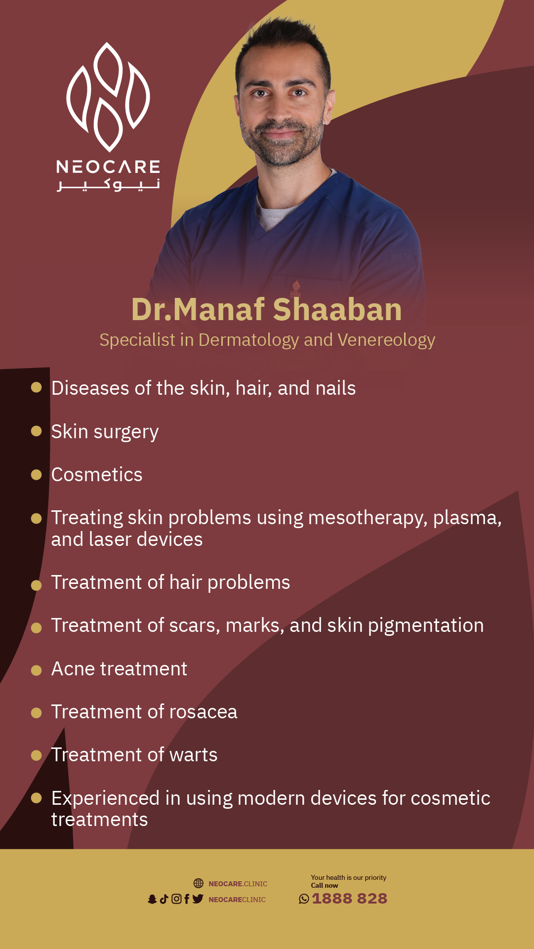 Dr. Manaf – physician profile card, NEOCARE Clinic Kuwait (English)