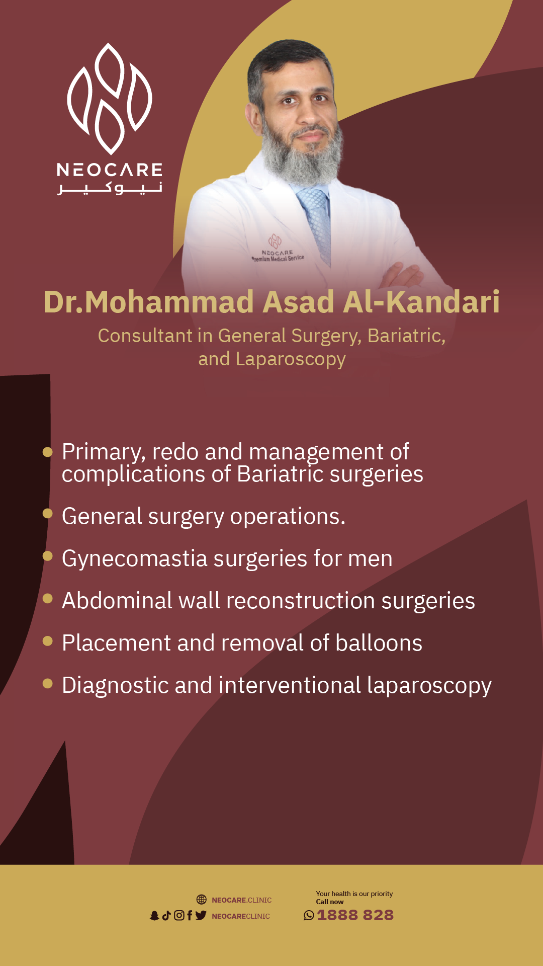 Dr. Mohammad Alkandari – physician profile card, NEOCARE Clinic Kuwait (English)