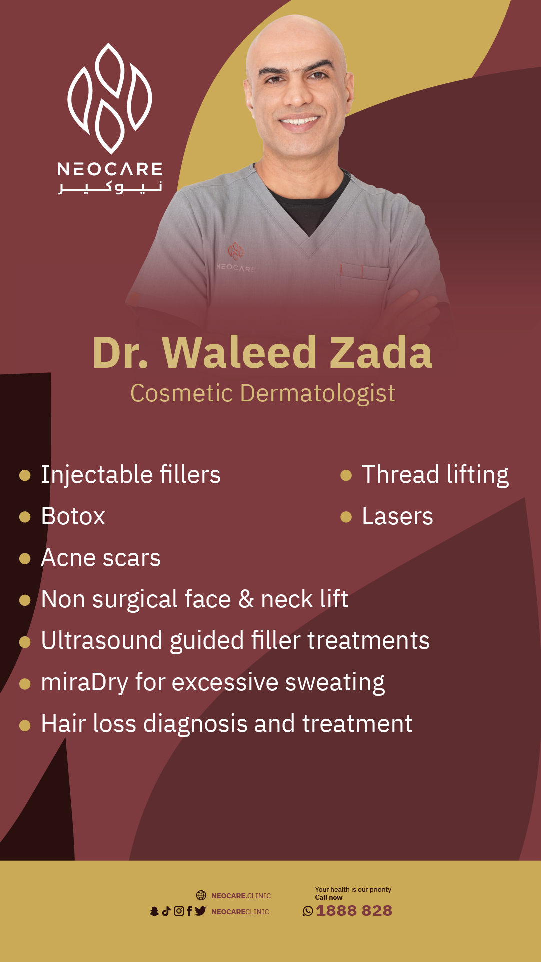 Dr. Waleed Zada – board-certified dermatologist profile card, NEOCARE Clinic Kuwait (English)